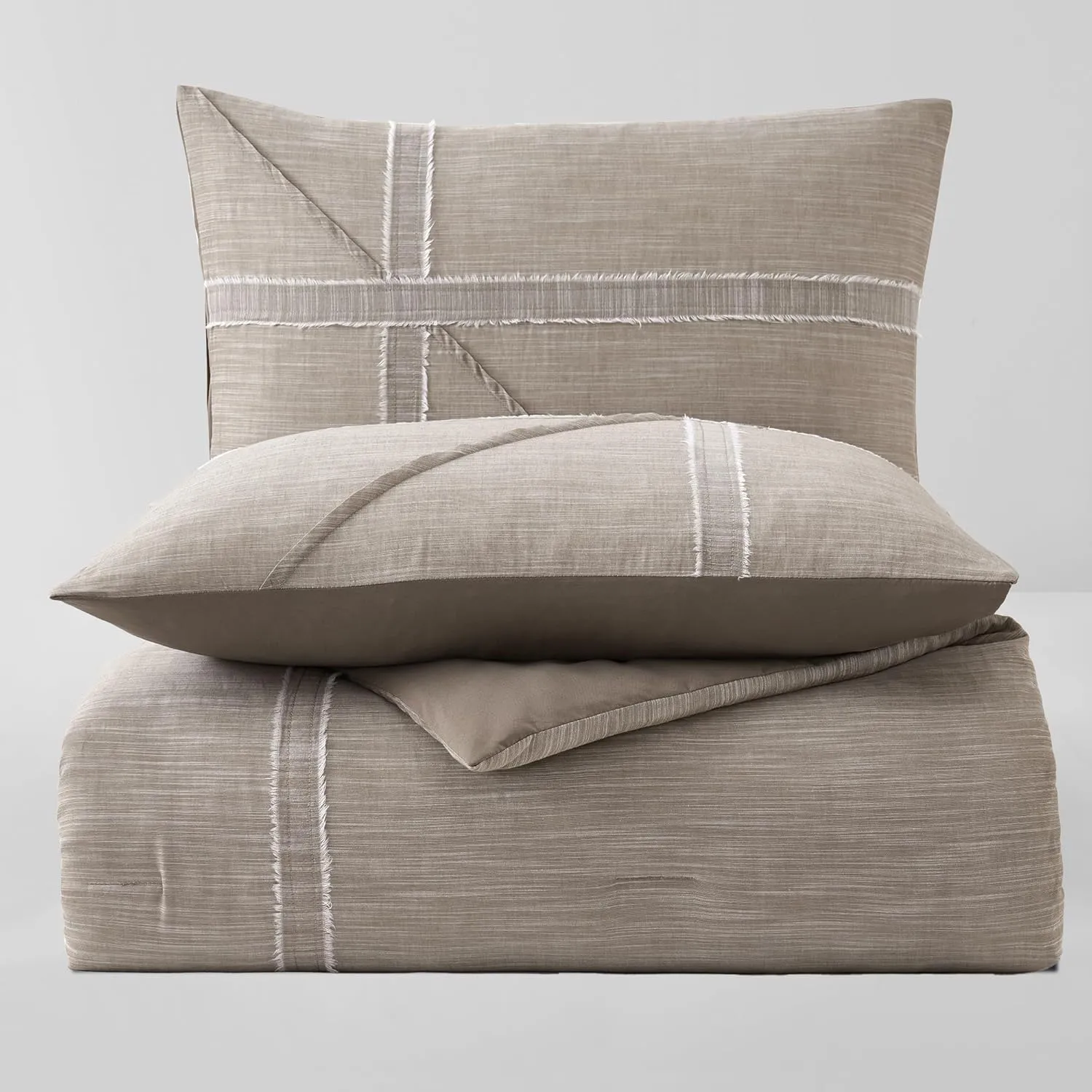 Wonderful Khaki Cotton Comforter Set, Bed in a Bag Queen Size, Yarn-Dye Weaved, Slub Textured Jacquard, Hotel Style, Geometric Raw Edge Sticker Lightweight Comforter Bedding Set for All Season