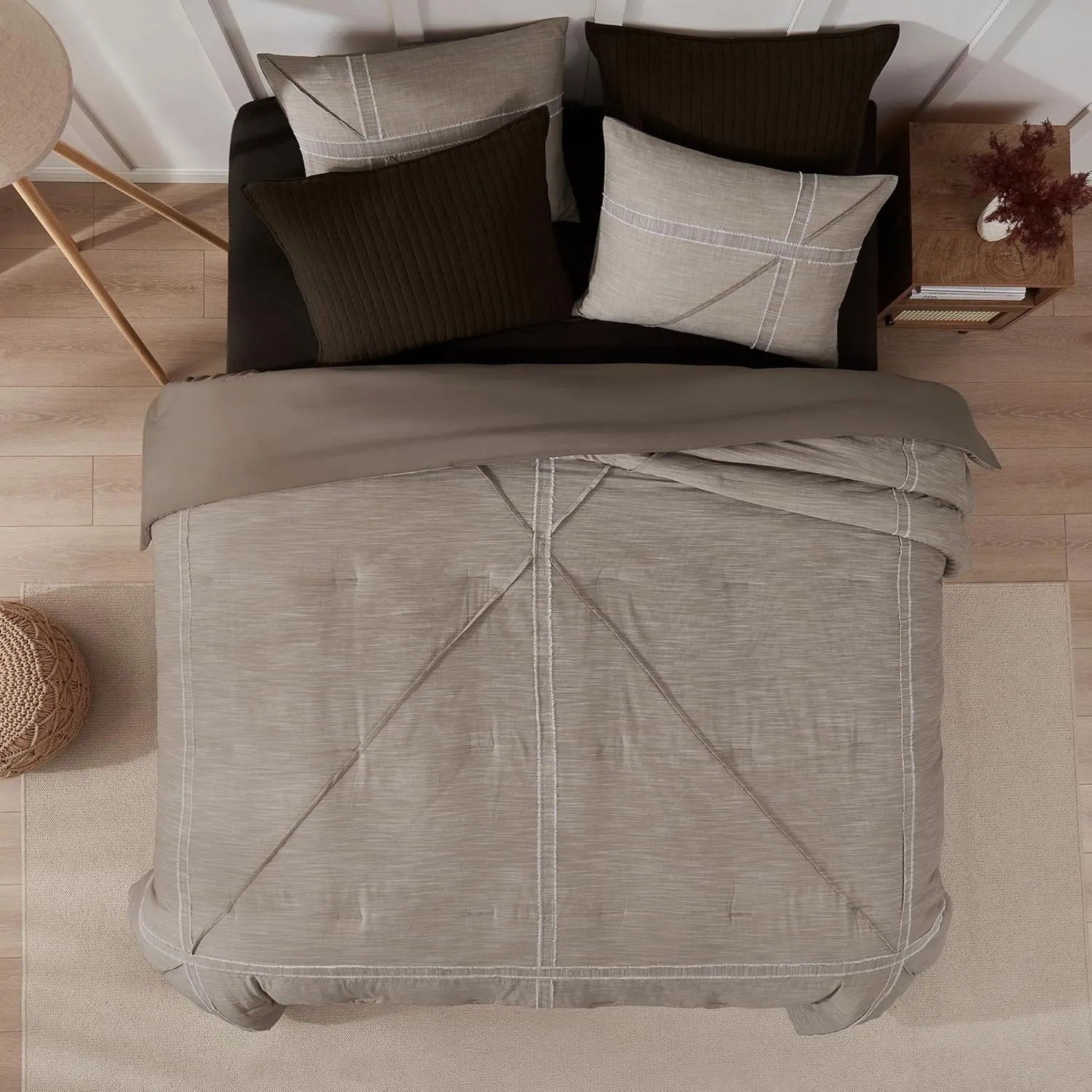 Wonderful Khaki Cotton Comforter Set, Bed in a Bag Queen Size, Yarn-Dye Weaved, Slub Textured Jacquard, Hotel Style, Geometric Raw Edge Sticker Lightweight Comforter Bedding Set for All Season
