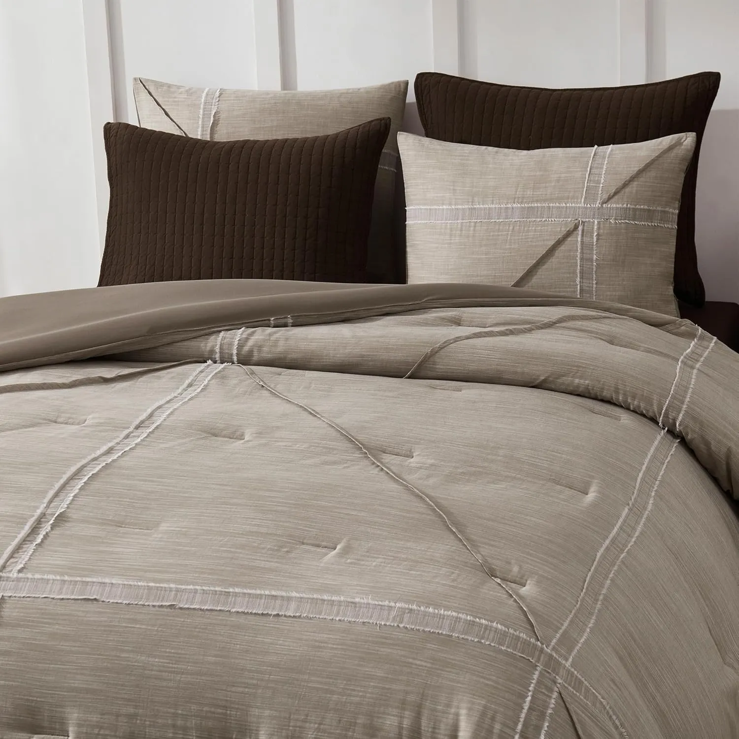 Wonderful Khaki Cotton Comforter Set, Bed in a Bag Queen Size, Yarn-Dye Weaved, Slub Textured Jacquard, Hotel Style, Geometric Raw Edge Sticker Lightweight Comforter Bedding Set for All Season