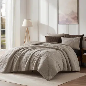 Wonderful Khaki Cotton Comforter Set, Bed in a Bag Queen Size, Yarn-Dye Weaved, Slub Textured Jacquard, Hotel Style, Geometric Raw Edge Sticker Lightweight Comforter Bedding Set for All Season