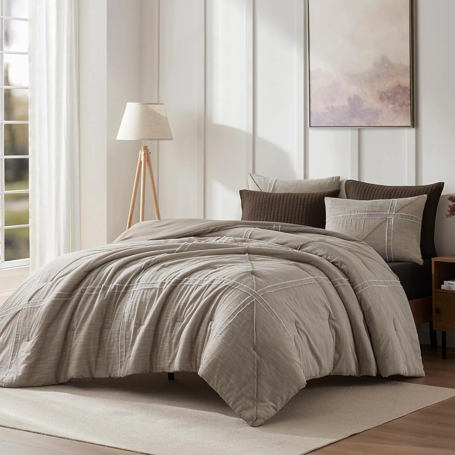 Wonderful Khaki Cotton Comforter Set, Bed in a Bag Queen Size, Yarn-Dye Weaved, Slub Textured Jacquard, Hotel Style, Geometric Raw Edge Sticker Lightweight Comforter Bedding Set for All Season
