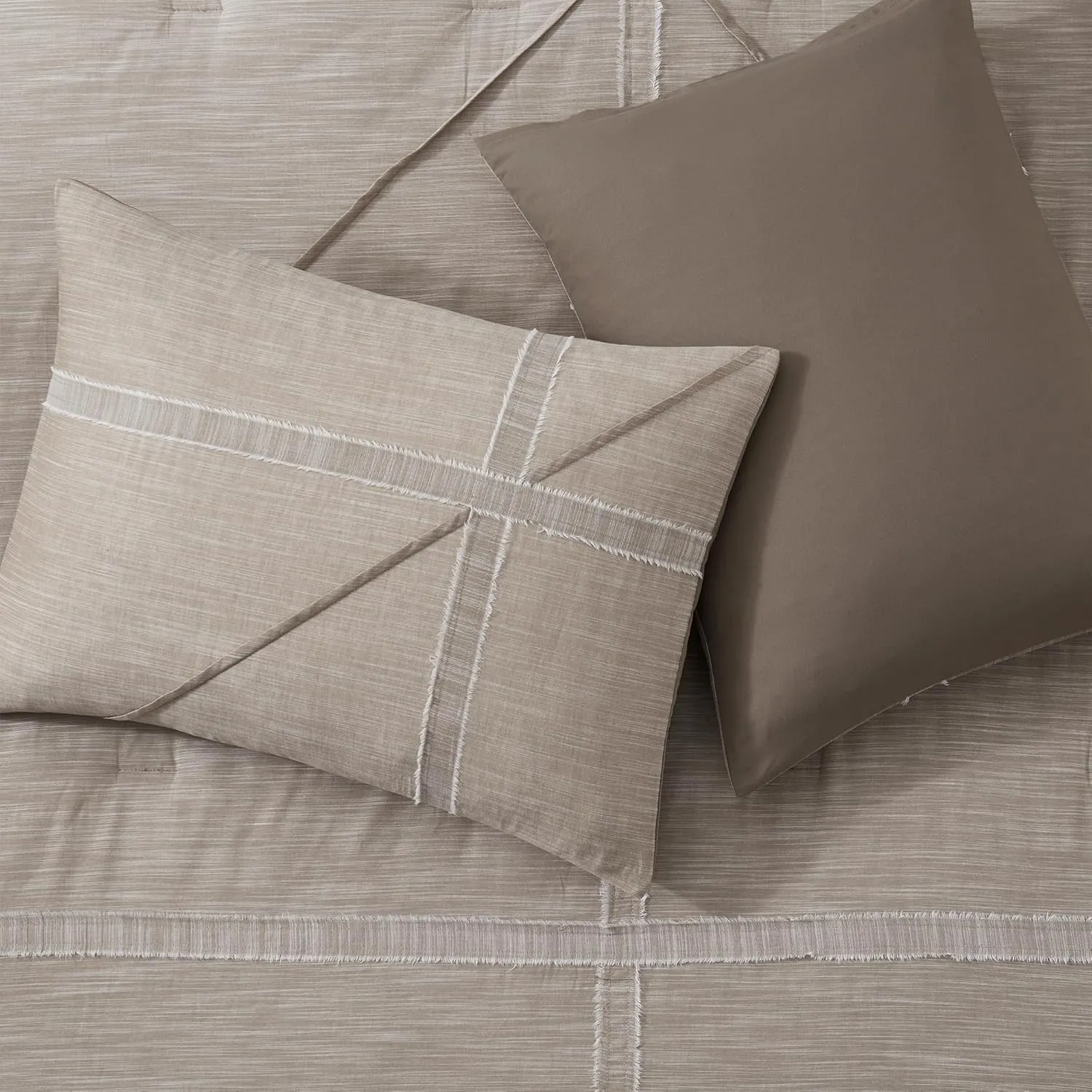 Wonderful Khaki Cotton Comforter Set, Bed in a Bag Queen Size, Yarn-Dye Weaved, Slub Textured Jacquard, Hotel Style, Geometric Raw Edge Sticker Lightweight Comforter Bedding Set for All Season