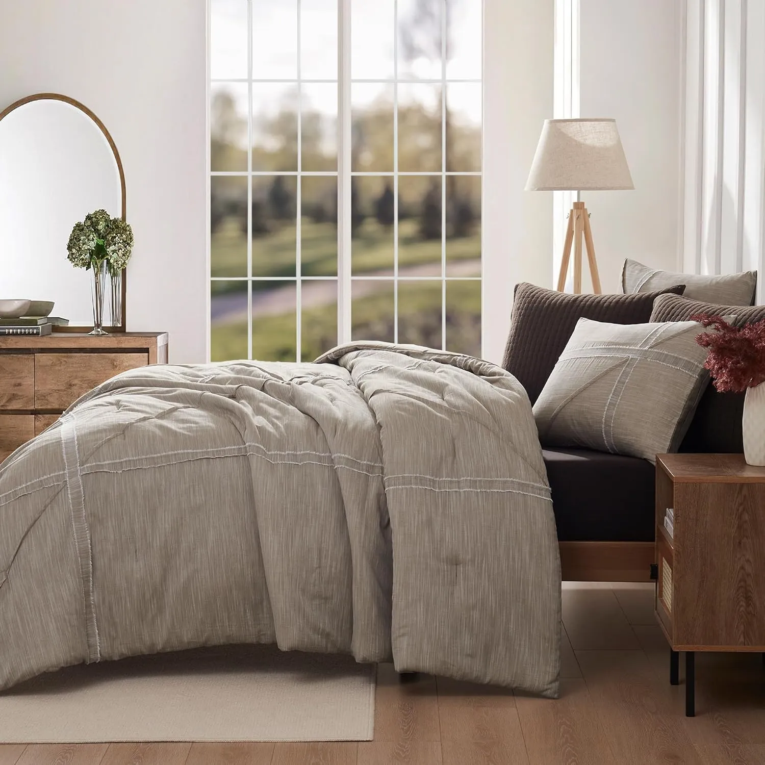 Wonderful Khaki Cotton Comforter Set, Bed in a Bag Queen Size, Yarn-Dye Weaved, Slub Textured Jacquard, Hotel Style, Geometric Raw Edge Sticker Lightweight Comforter Bedding Set for All Season