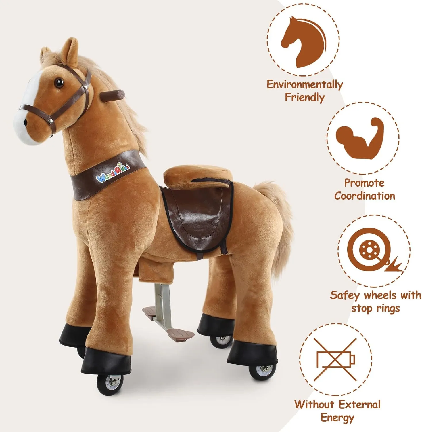 WondeRides Ride on Horse Pony Cycle Toy Kids Riding Horse, 30.1 Inch Height Pony Ride Plush Walking Animal Rocking Mechanical Riding Pony with Wheels, No Battery Size 3 for 3 to 4 Years Old M345