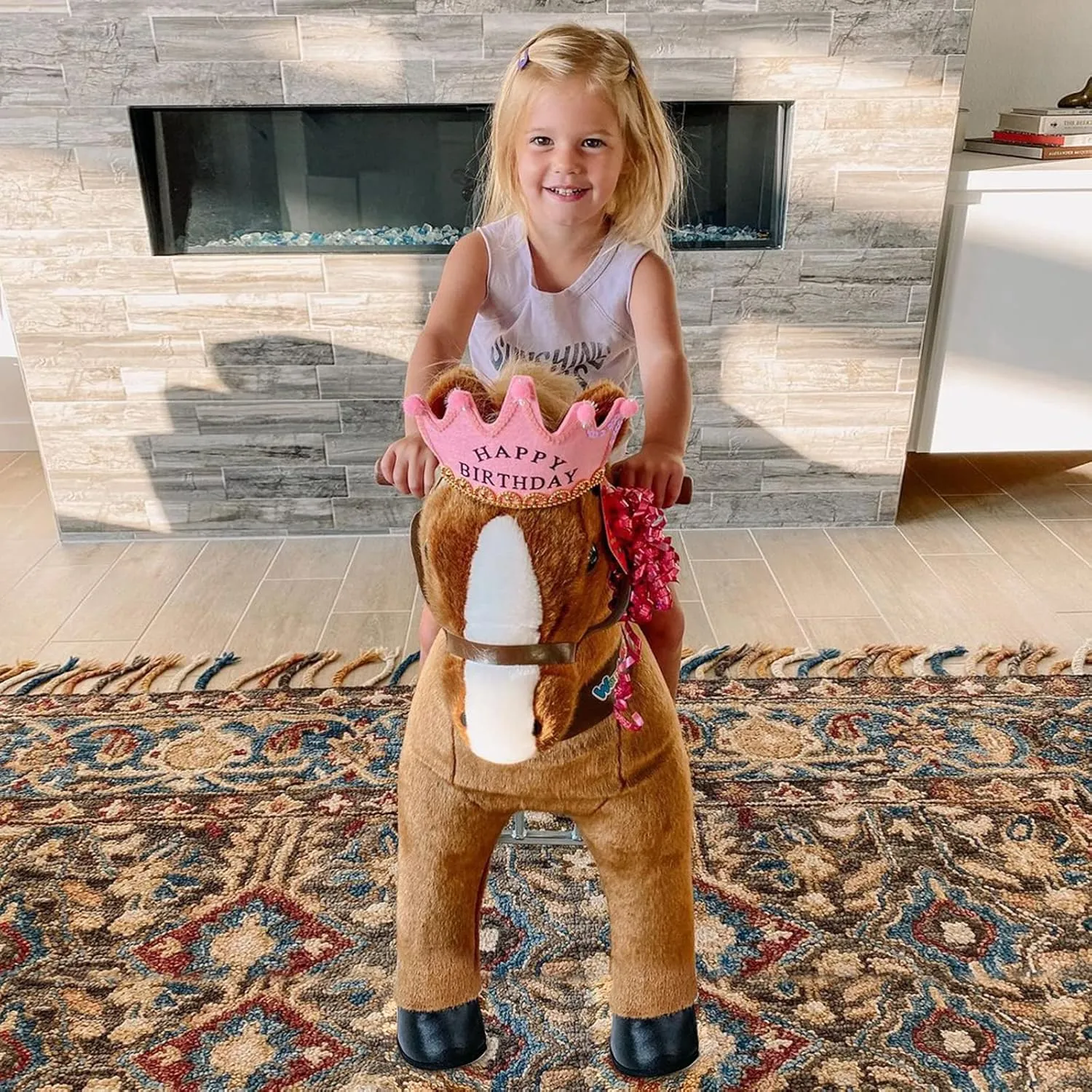 WondeRides Ride on Horse Pony Cycle Toy Kids Riding Horse, 30.1 Inch Height Pony Ride Plush Walking Animal Rocking Mechanical Riding Pony with Wheels, No Battery Size 3 for 3 to 4 Years Old M345