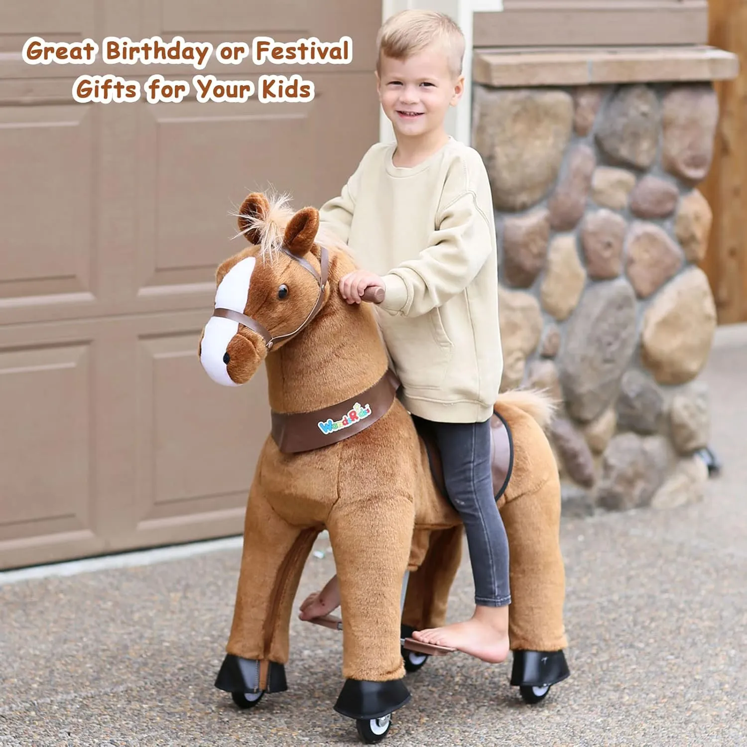 WondeRides Ride on Horse Pony Cycle Toy Kids Riding Horse, 30.1 Inch Height Pony Ride Plush Walking Animal Rocking Mechanical Riding Pony with Wheels, No Battery Size 3 for 3 to 4 Years Old M345
