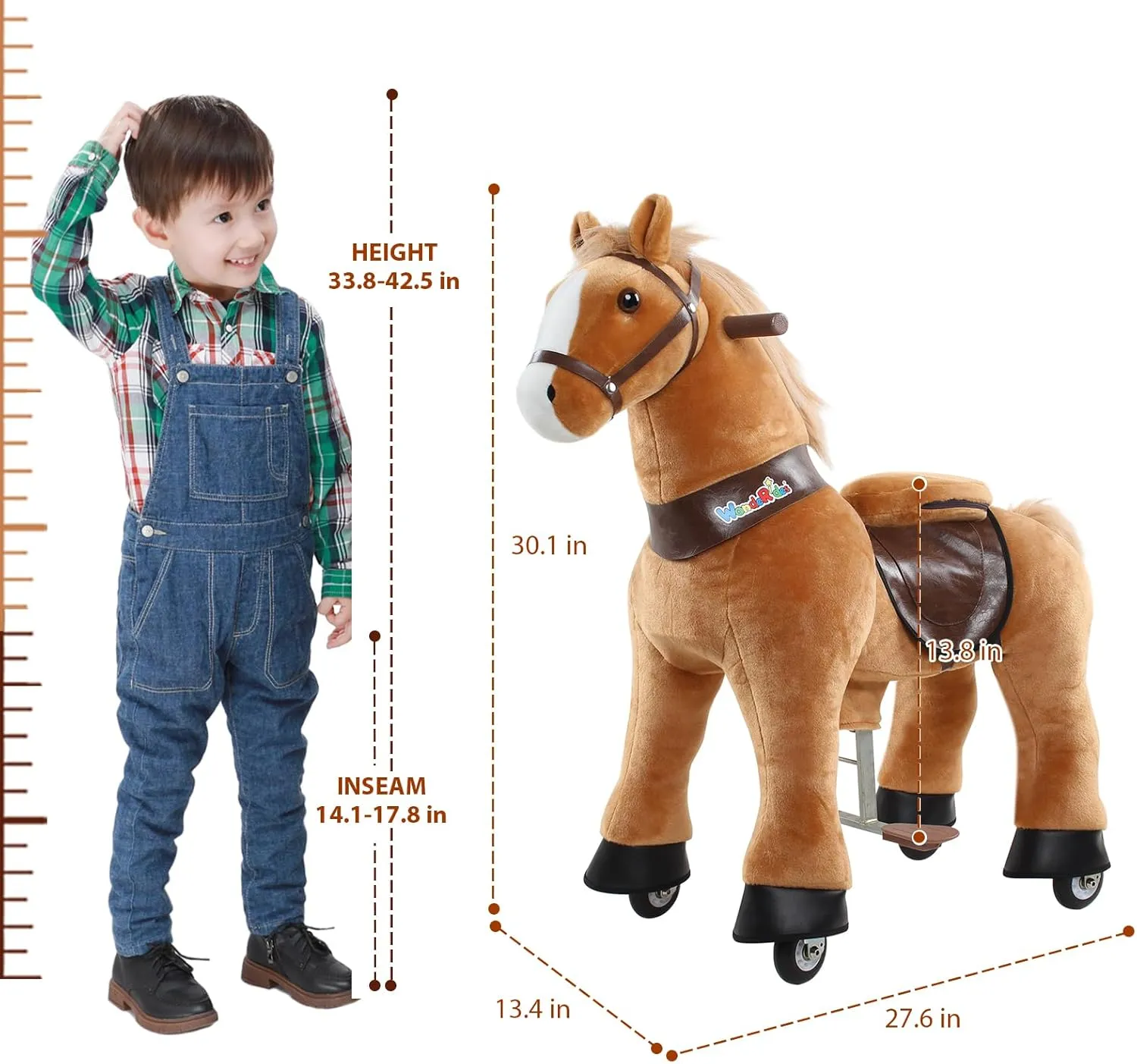 WondeRides Ride on Horse Pony Cycle Toy Kids Riding Horse, 30.1 Inch Height Pony Ride Plush Walking Animal Rocking Mechanical Riding Pony with Wheels, No Battery Size 3 for 3 to 4 Years Old M345