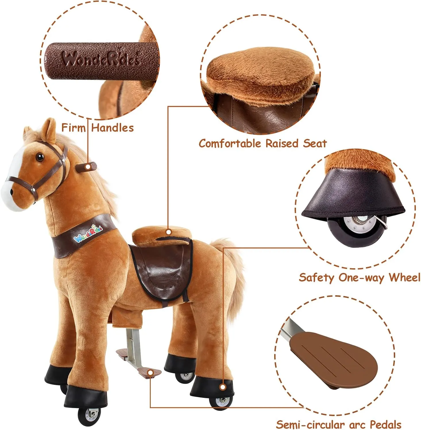 WondeRides Ride on Horse Pony Cycle Toy Kids Riding Horse, 30.1 Inch Height Pony Ride Plush Walking Animal Rocking Mechanical Riding Pony with Wheels, No Battery Size 3 for 3 to 4 Years Old M345