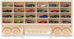 Wood Toy Car Storage Organizer – Holds Diecast Cars - Freestanding or Wall Display Case Shelf – Matchbox & Hot Wheels Car Compatible - FSC Wood (04. Rig Trailer)