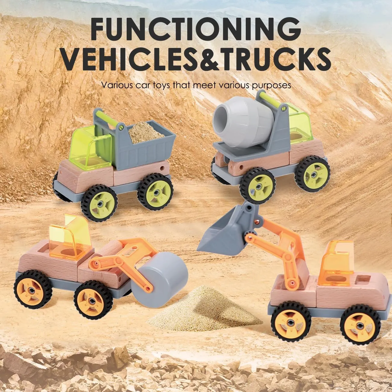 Wooden Construction Toy Trucks for Toddlers, 4PCS Mini Vehicle Toys Shovel, Tip Lorry, Road Roller, Mixer, Toy Car Gifts for 3 4 5 6 Year Old Boys Girls
