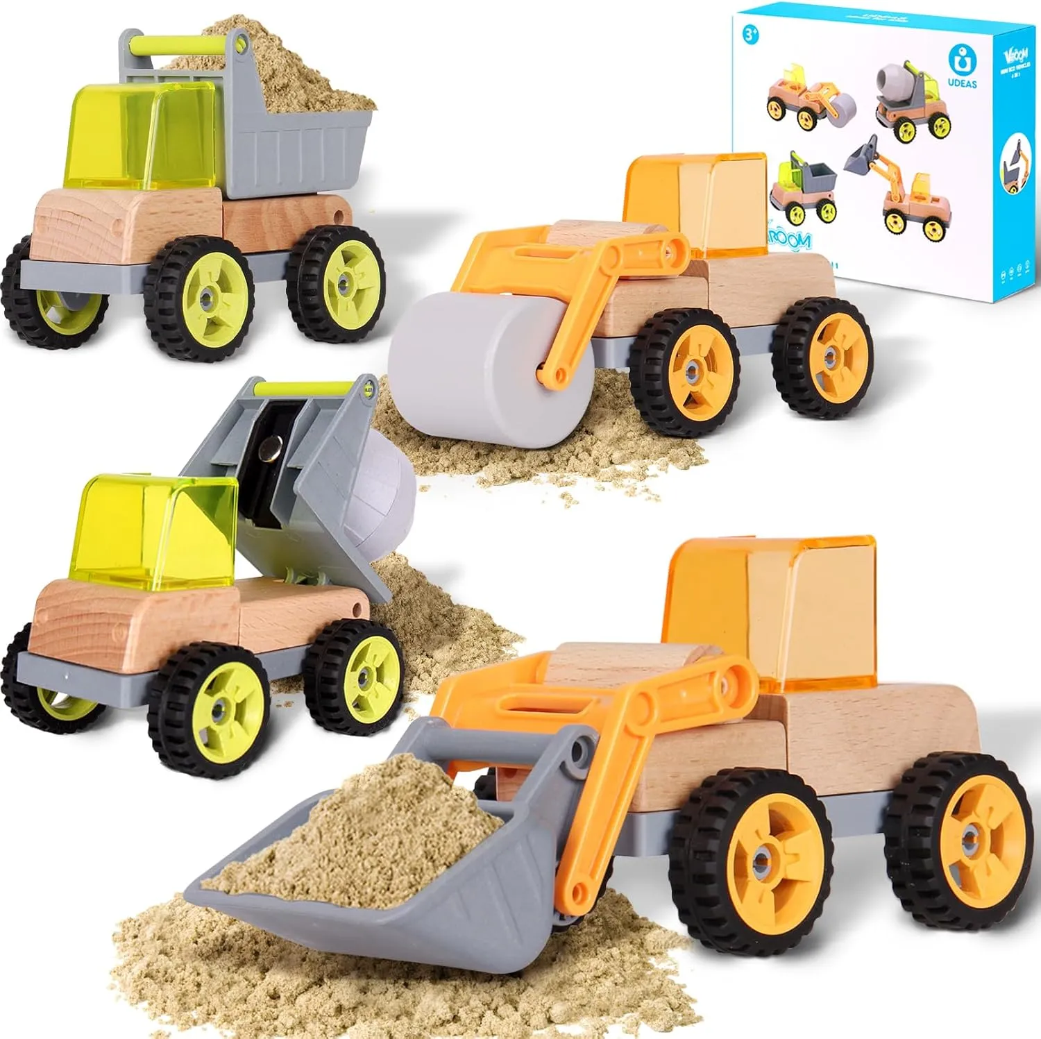 Wooden Construction Toy Trucks for Toddlers, 4PCS Mini Vehicle Toys Shovel, Tip Lorry, Road Roller, Mixer, Toy Car Gifts for 3 4 5 6 Year Old Boys Girls