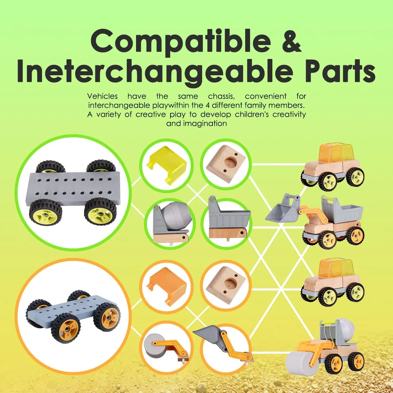 Wooden Construction Toy Trucks for Toddlers, 4PCS Mini Vehicle Toys Shovel, Tip Lorry, Road Roller, Mixer, Toy Car Gifts for 3 4 5 6 Year Old Boys Girls