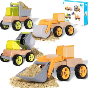 Wooden Construction Toy Trucks for Toddlers, 4PCS Mini Vehicle Toys Shovel, Tip Lorry, Road Roller, Mixer, Toy Car Gifts for 3 4 5 6 Year Old Boys Girls
