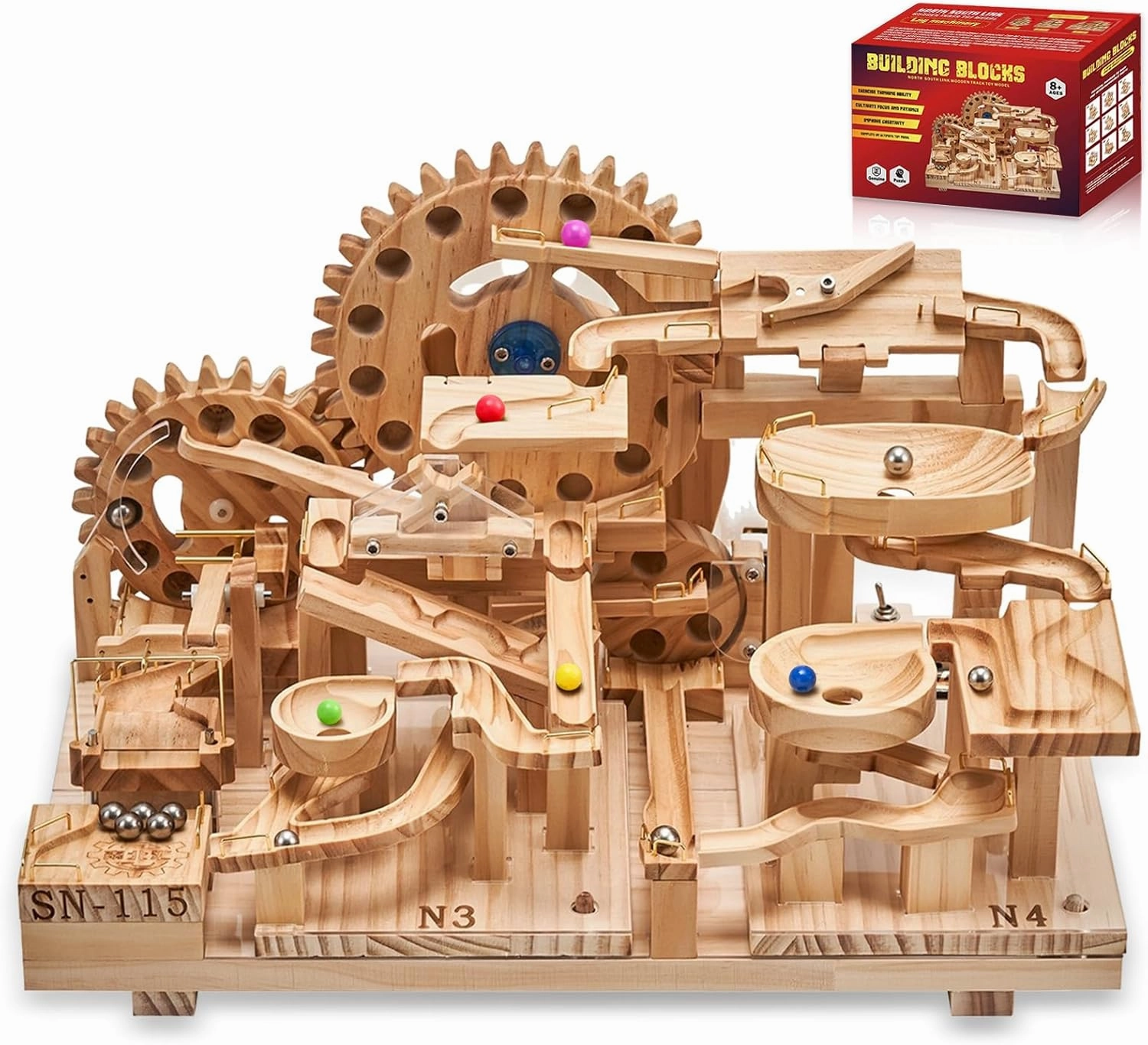 Wooden Marble Run Electric Motorized, Electric Marble Run Brain Teaser Wooden Puzzles Building Toy with 46 Blocks and 23 Marbles, 3D Wooden Puzzles Kit for Adults and Kids to Build