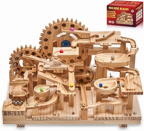 Wooden Marble Run Electric Motorized, Electric Marble Run Brain Teaser Wooden Puzzles Building Toy with 46 Blocks and 23 Marbles, 3D Wooden Puzzles Kit for Adults and Kids to Build