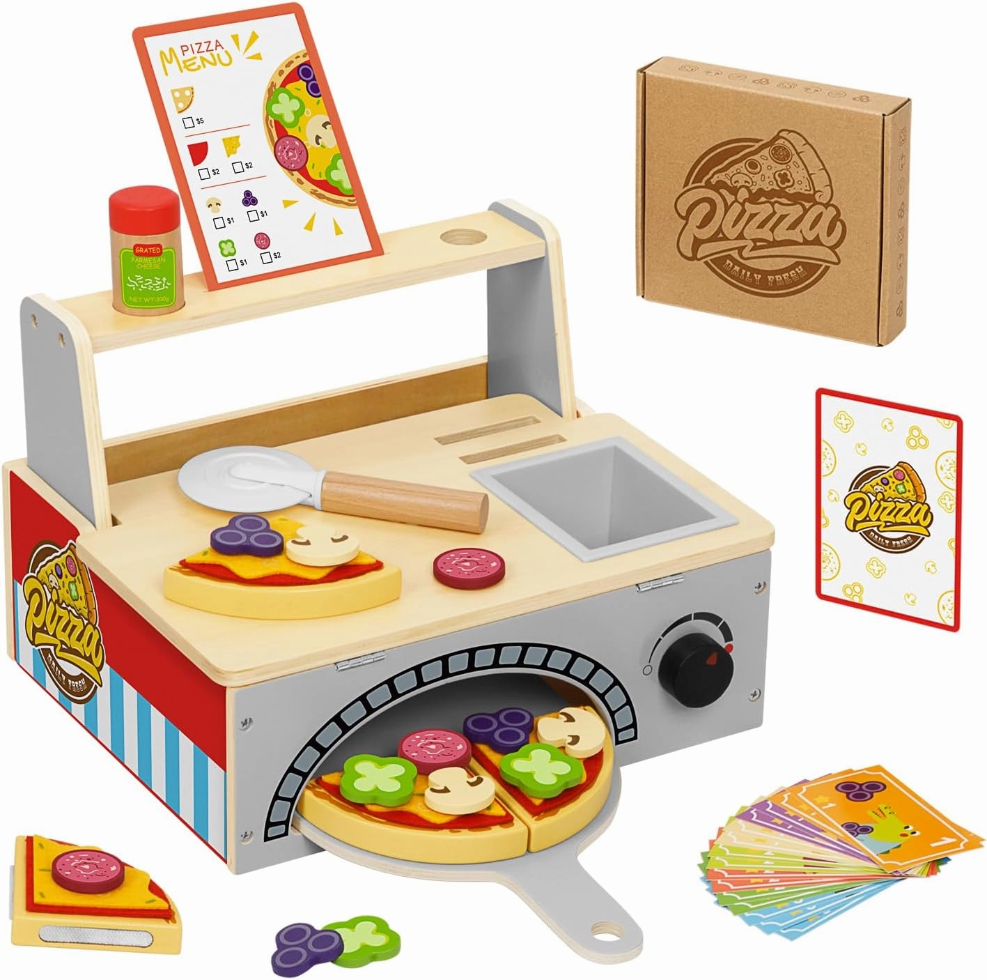 Wooden Pizza Toy Kids Pizza Counter Playset, Montessori Pretend Play Kitchen Accessories with Toy Food, Bake Oven, Role Play Set for 3 4 5 6 Year Old Boys Girls