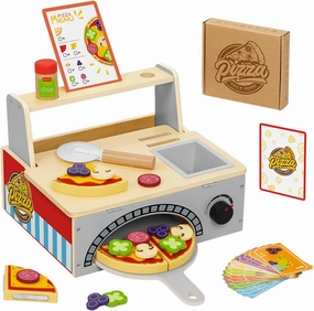 Wooden Pizza Toy Kids Pizza Counter Playset, Montessori Pretend Play Kitchen Accessories with Toy Food, Bake Oven, Role Play Set for 3 4 5 6 Year Old Boys Girls