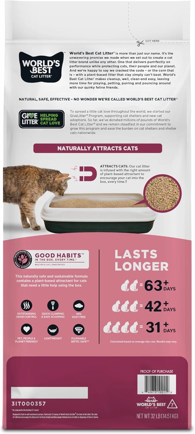 WORLD'S BEST CAT LITTER Good Habits Cat Attract Litter | Natural Plant-Based Attractant | Multicat Flushable Corn Litter | Unscented Odor Control | Low Tracking & Lightweight | Made in USA 32lb Bag