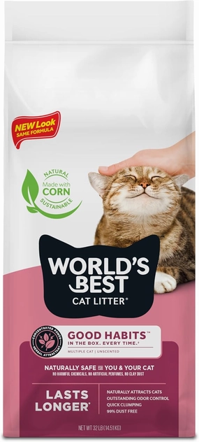WORLD'S BEST CAT LITTER Good Habits Cat Attract Litter | Natural Plant-Based Attractant | Multicat Flushable Corn Litter | Unscented Odor Control | Low Tracking & Lightweight | Made in USA 32lb Bag