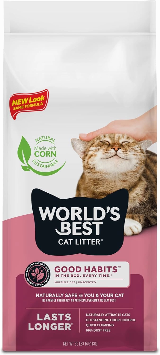 WORLD'S BEST CAT LITTER Good Habits Cat Attract Litter | Natural Plant-Based Attractant | Multicat Flushable Corn Litter | Unscented Odor Control | Low Tracking & Lightweight | Made in USA 32lb Bag