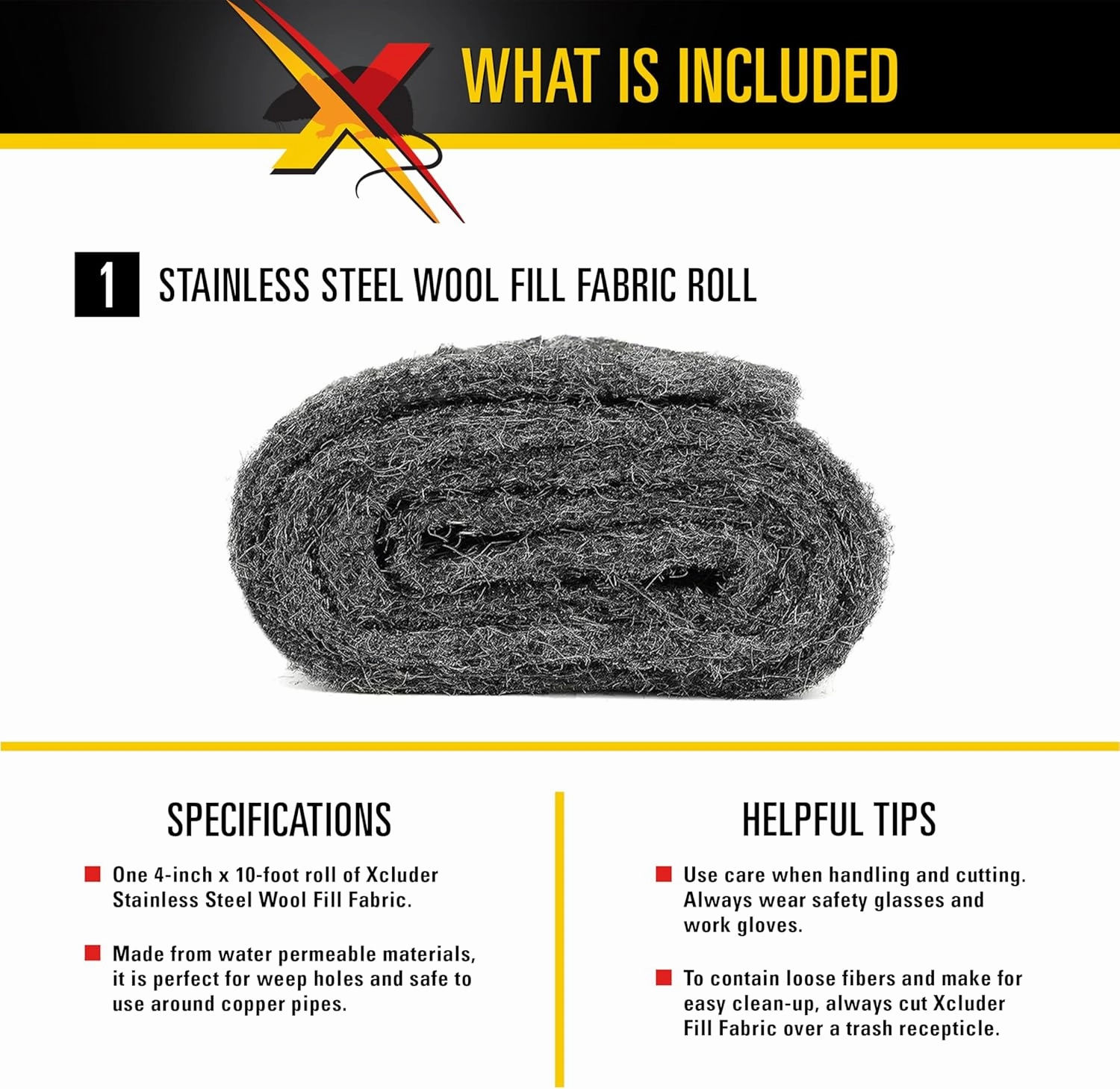 Xcluder Rodent Control Fill Fabric Roll, 4” x 10’ Stainless Steel Wool Protects Against Rats and Mice for Residential & Commercial Property,Black
