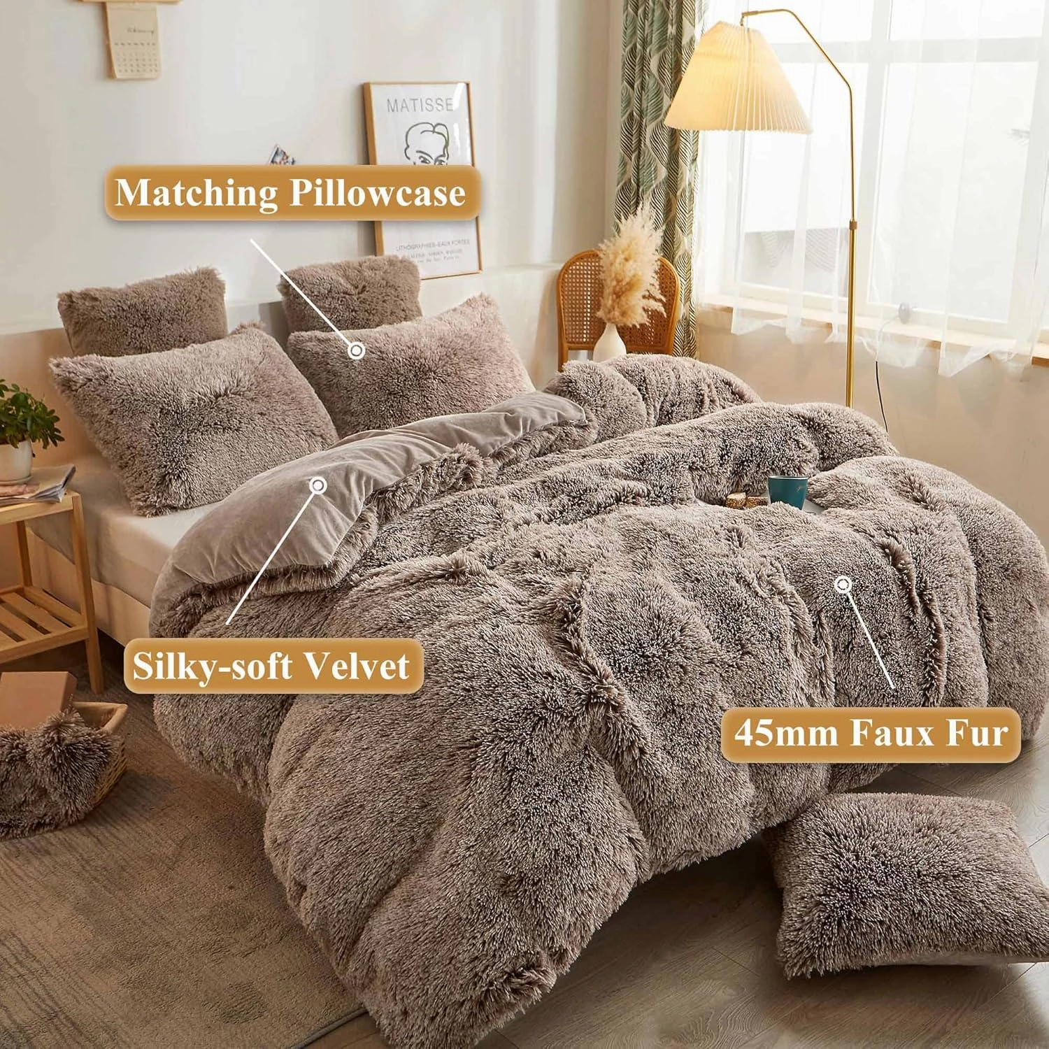 XeGe Plush Shaggy Duvet Cover Set, Luxury Ultra Soft Crystal Velvet Fluffy Bedding Sets 3 Pieces(1 Furry Faux Fur Comforter Cover   2 Fuzzy Faux Fur Pillow Cases), Zipper Closure(Queen, Khaki Ombre)