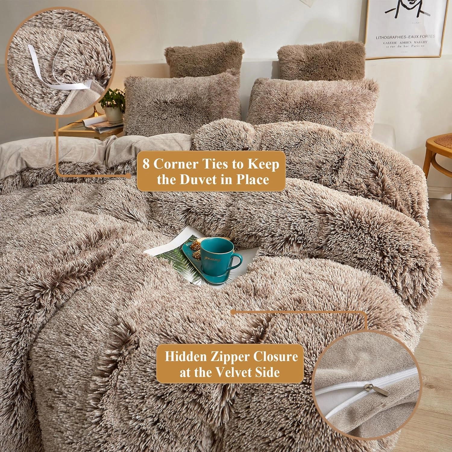 XeGe Plush Shaggy Duvet Cover Set, Luxury Ultra Soft Crystal Velvet Fluffy Bedding Sets 3 Pieces(1 Furry Faux Fur Comforter Cover   2 Fuzzy Faux Fur Pillow Cases), Zipper Closure(Queen, Khaki Ombre)