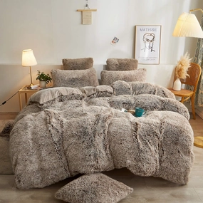 XeGe Plush Shaggy Duvet Cover Set, Luxury Ultra Soft Crystal Velvet Fluffy Bedding Sets 3 Pieces(1 Furry Faux Fur Comforter Cover   2 Fuzzy Faux Fur Pillow Cases), Zipper Closure(Queen, Khaki Ombre)