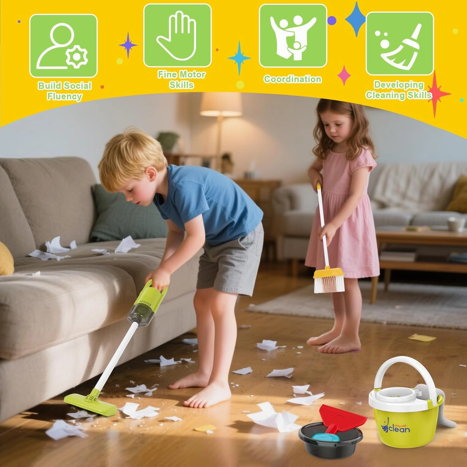 XIAPIA Toddler Cleaning Set, 14 Pcs Kids Cleaning Toy Set with Electric Toy Vacuum That Really Works, Pretend Play Cleaning Playset, Broom and Dustpan Set, Birthday Gifts for Girls & Boys Aged 3 