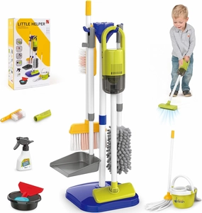 XIAPIA Toddler Cleaning Set, 14 Pcs Kids Cleaning Toy Set with Electric Toy Vacuum That Really Works, Pretend Play Cleaning Playset, Broom and Dustpan Set, Birthday Gifts for Girls & Boys Aged 3 