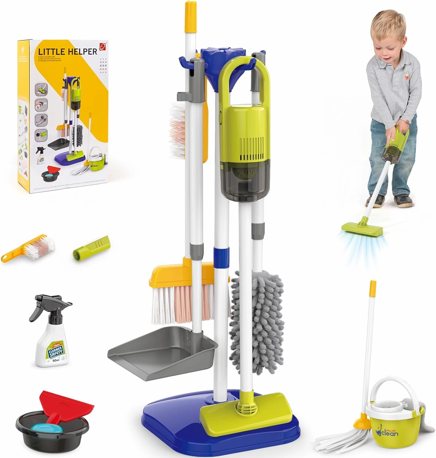XIAPIA Toddler Cleaning Set, 14 Pcs Kids Cleaning Toy Set with Electric Toy Vacuum That Really Works, Pretend Play Cleaning Playset, Broom and Dustpan Set, Birthday Gifts for Girls & Boys Aged 3 