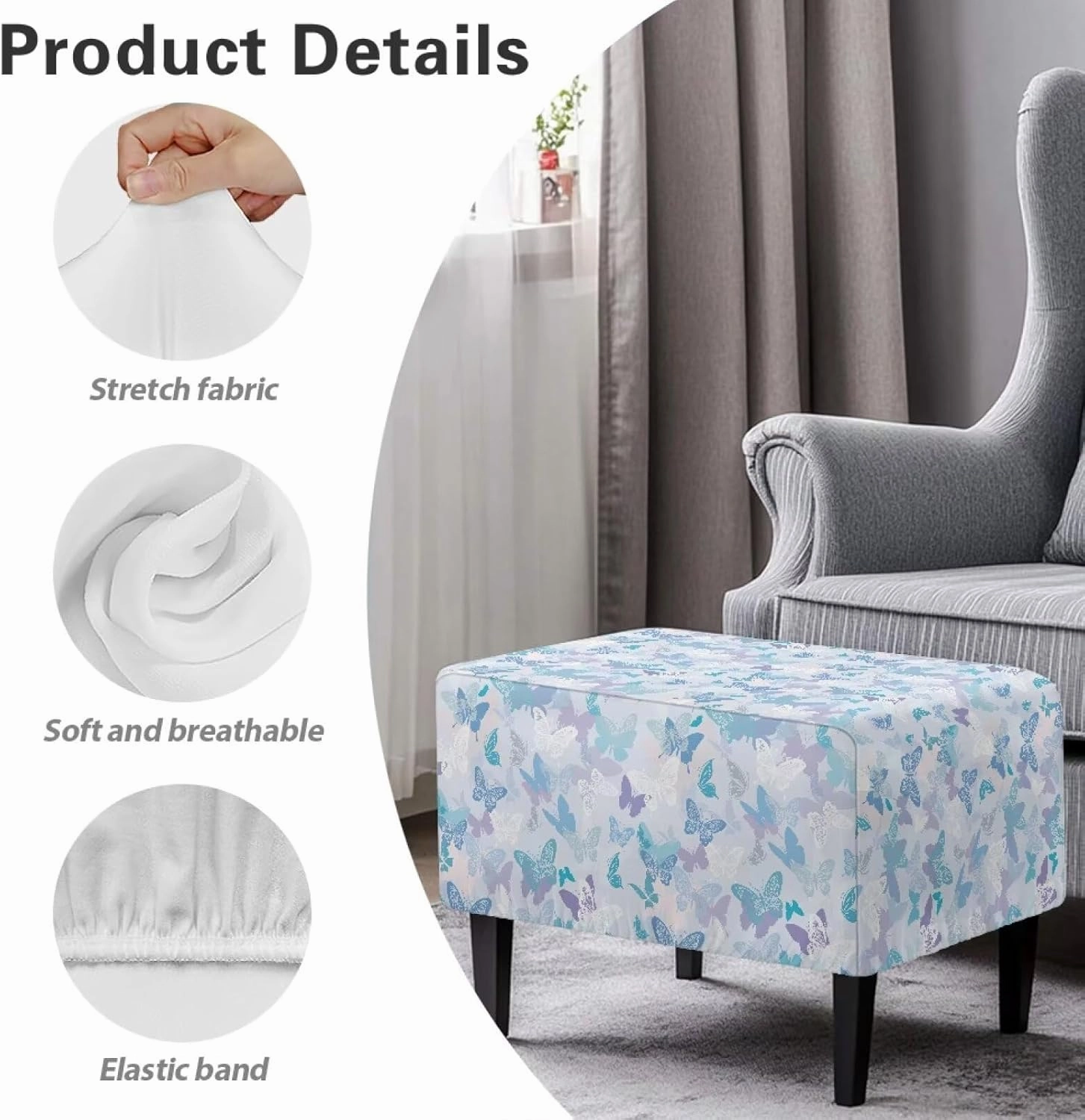Xoenoiee Butterflies Pattern Ottoman Cover Stretch Rectangular Footstool Slipcover with Nonslip Elastic Base, Universal Fit for Storage Ottomans & Ottoman Footrests, Large