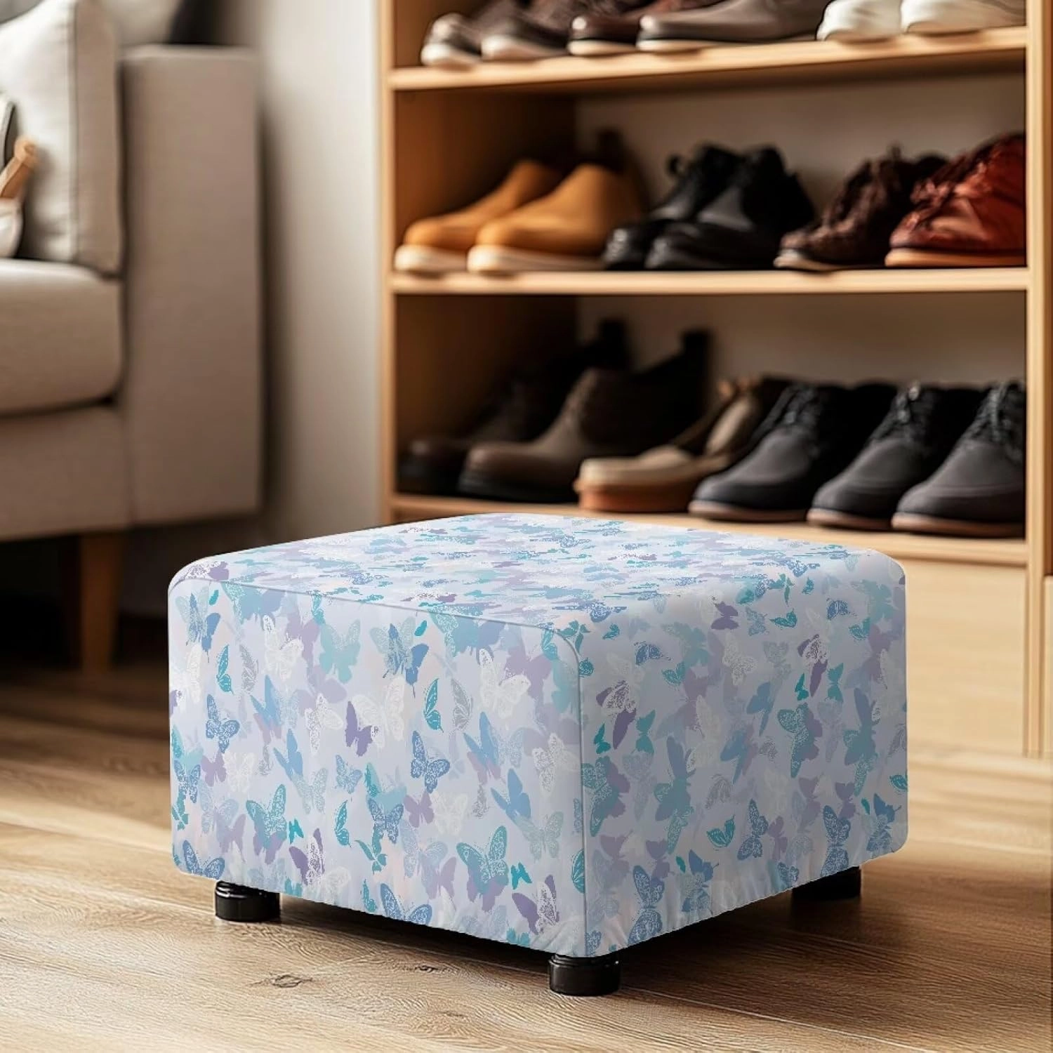Xoenoiee Butterflies Pattern Ottoman Cover Stretch Rectangular Footstool Slipcover with Nonslip Elastic Base, Universal Fit for Storage Ottomans & Ottoman Footrests, Large
