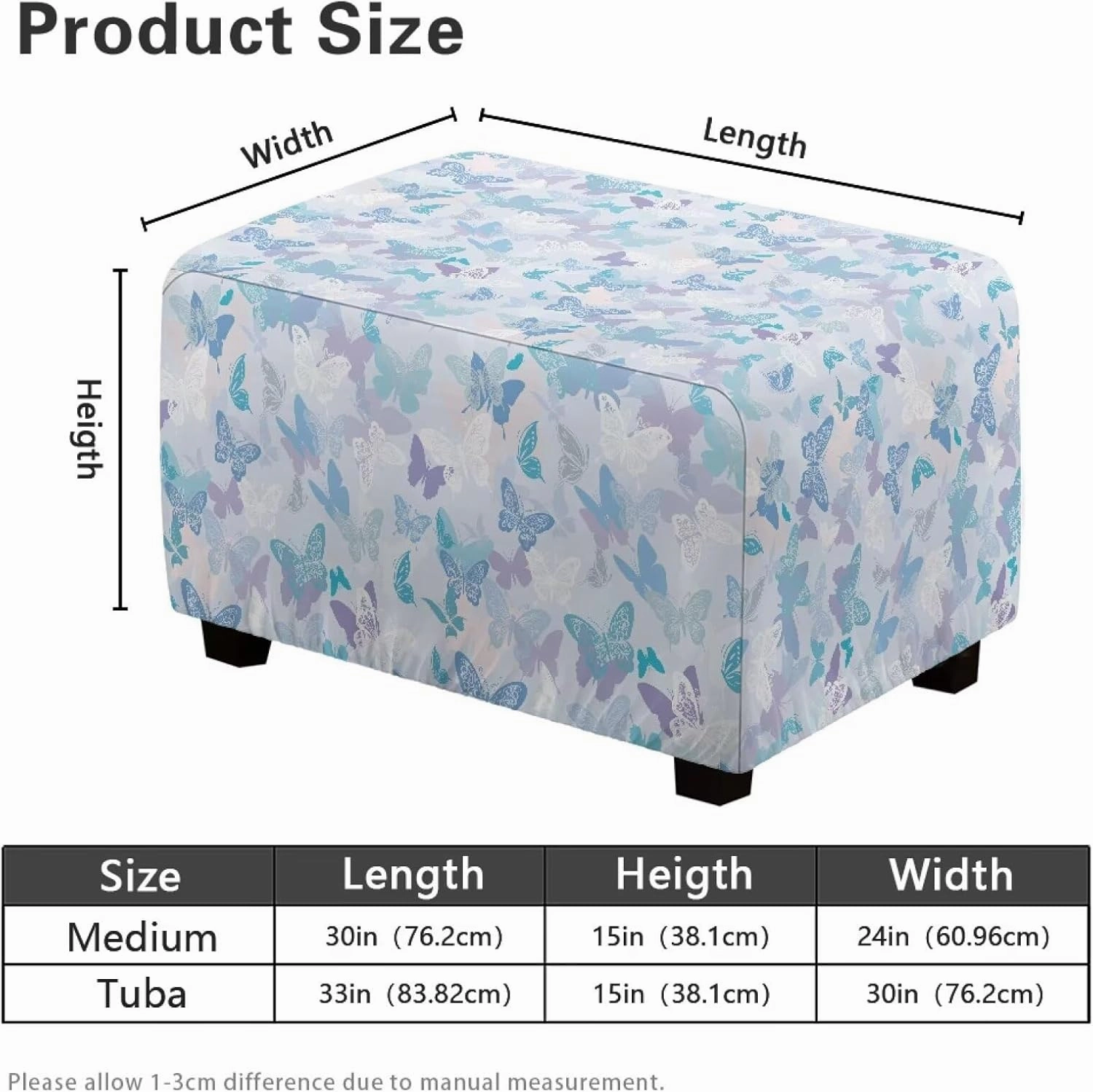Xoenoiee Butterflies Pattern Ottoman Cover Stretch Rectangular Footstool Slipcover with Nonslip Elastic Base, Universal Fit for Storage Ottomans & Ottoman Footrests, Large