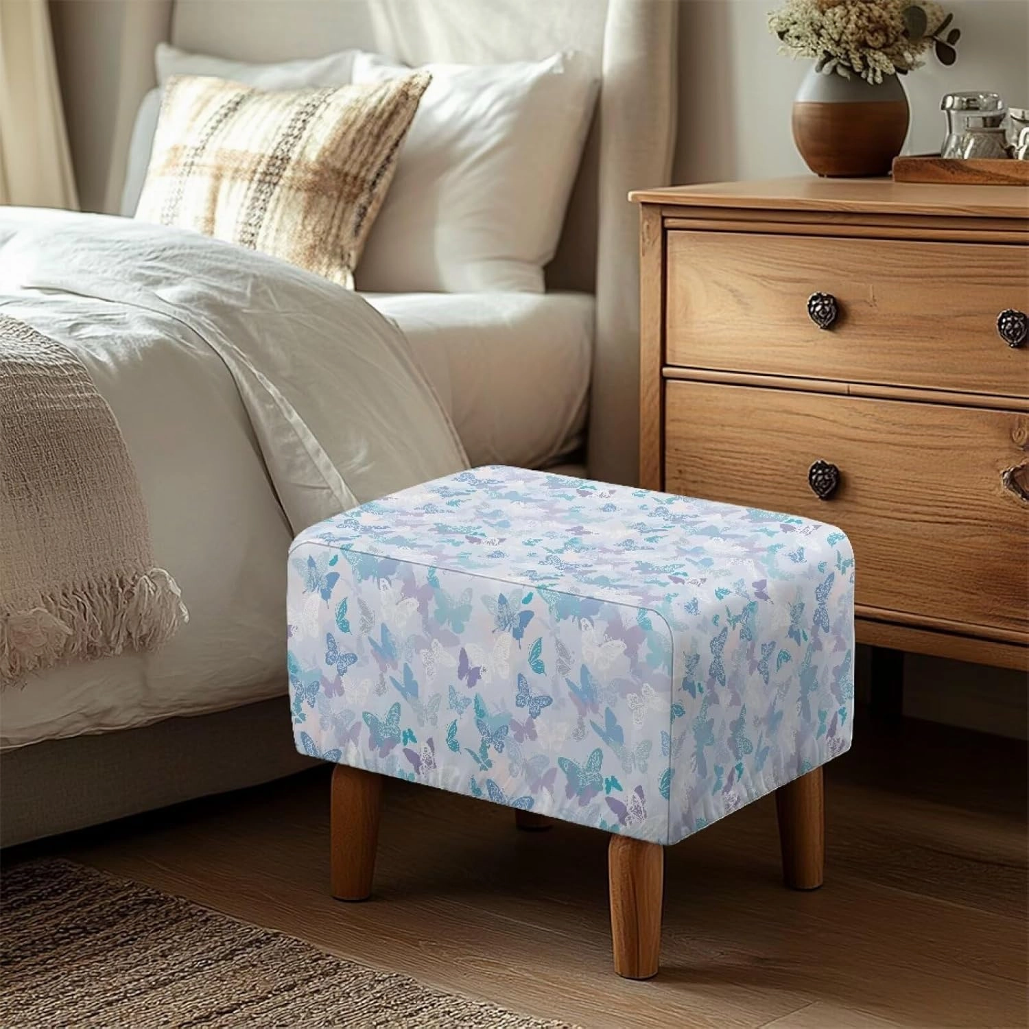 Xoenoiee Butterflies Pattern Ottoman Cover Stretch Rectangular Footstool Slipcover with Nonslip Elastic Base, Universal Fit for Storage Ottomans & Ottoman Footrests, Large