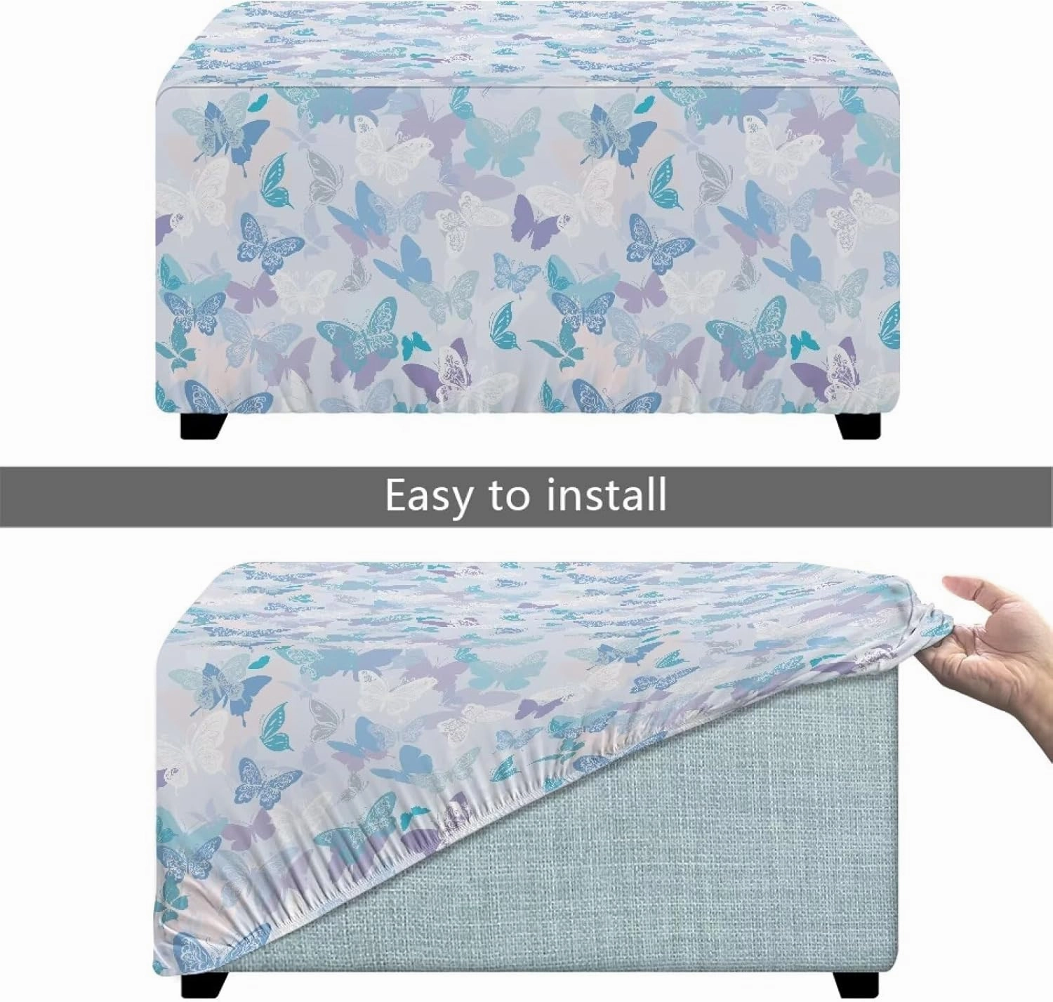 Xoenoiee Butterflies Pattern Ottoman Cover Stretch Rectangular Footstool Slipcover with Nonslip Elastic Base, Universal Fit for Storage Ottomans & Ottoman Footrests, Large