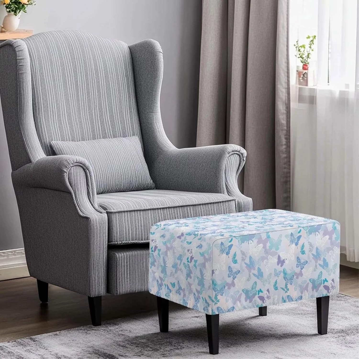 Xoenoiee Butterflies Pattern Ottoman Cover Stretch Rectangular Footstool Slipcover with Nonslip Elastic Base, Universal Fit for Storage Ottomans & Ottoman Footrests, Large