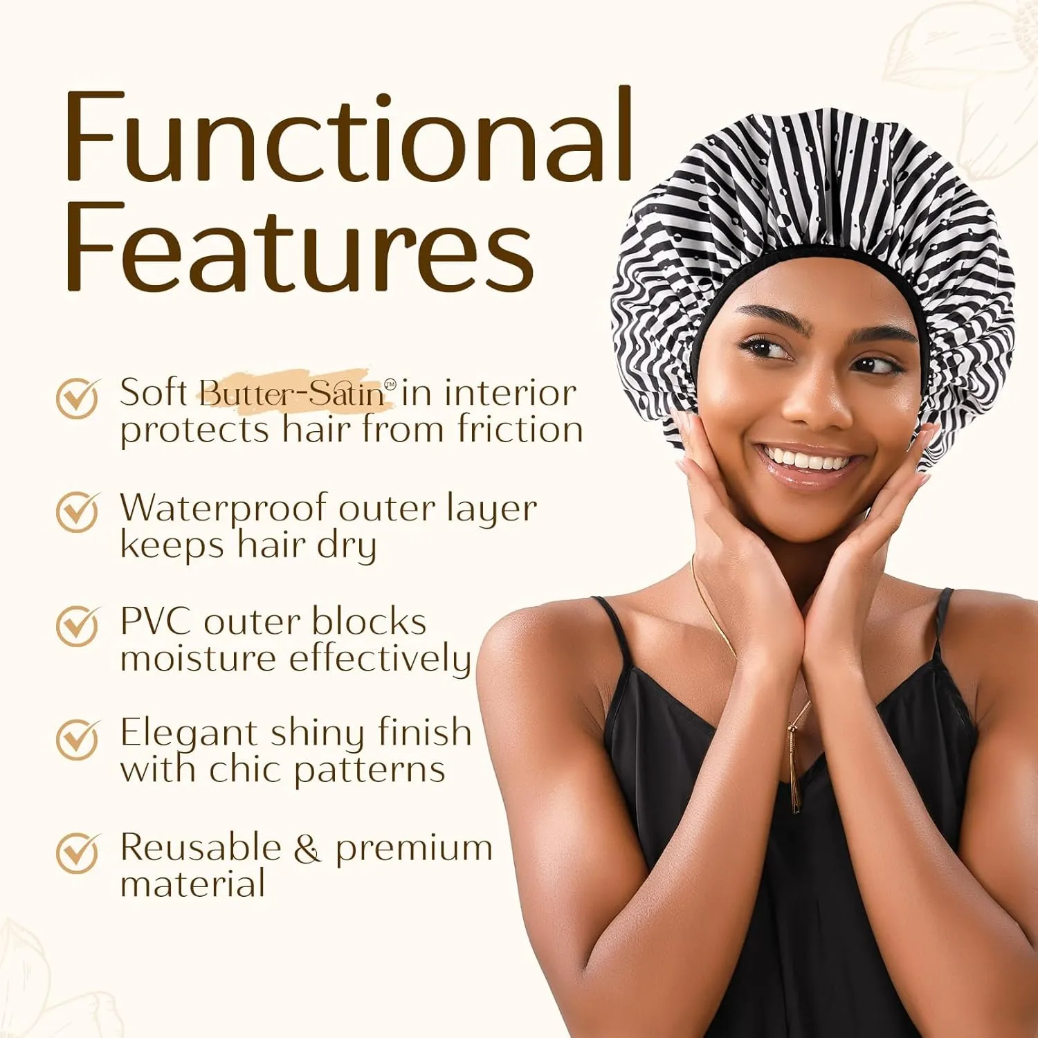 Yanibest Shower Cap for Women - Hair Satin Bonnet Shower Cap for Women Waterproof Extra Large Double Layer Reusable Adjustable for Braids Long Hair