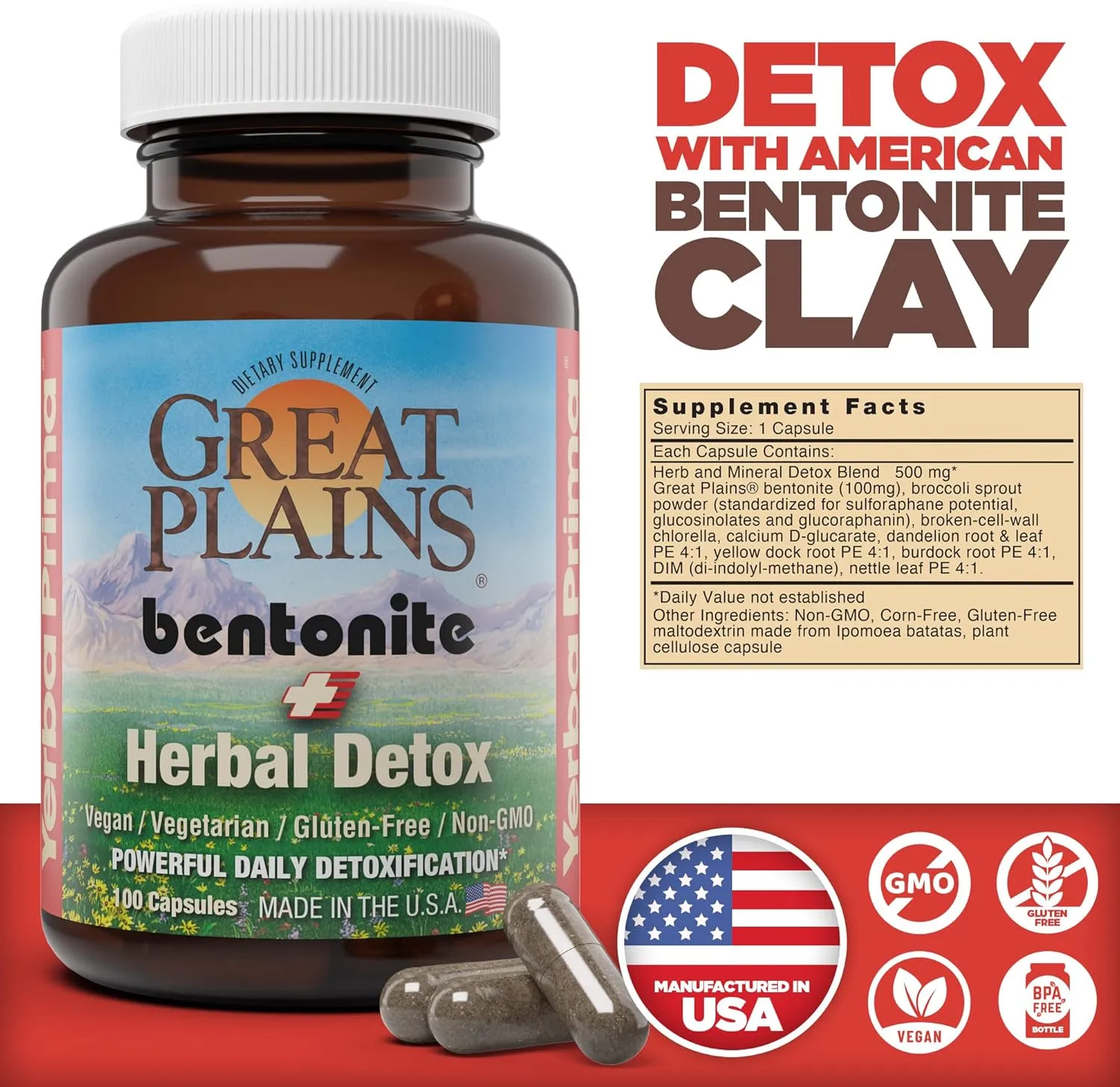 Yerba Prima Bentonite Clay Plus Herbal Detox, 100 Veg Capsules - Food Grade Clay from The Great Plains, USA - Colon & Liver Cleanse Supplement with Calcium Clay
