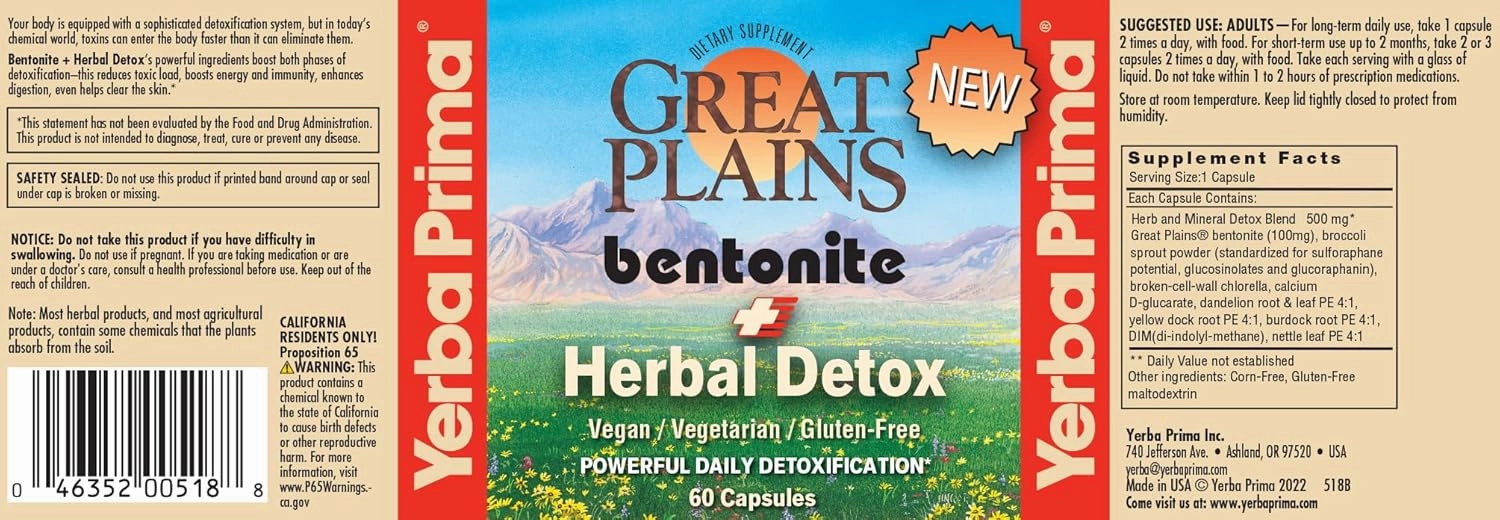 Yerba Prima Bentonite Clay Plus Herbal Detox, 60 Veggie Capsules (Pack of 2) - Use Long Term or as Rapid Detox, Premium Quality Ingredients, Powerful Daily Detoxification, Great Plains Bentonite