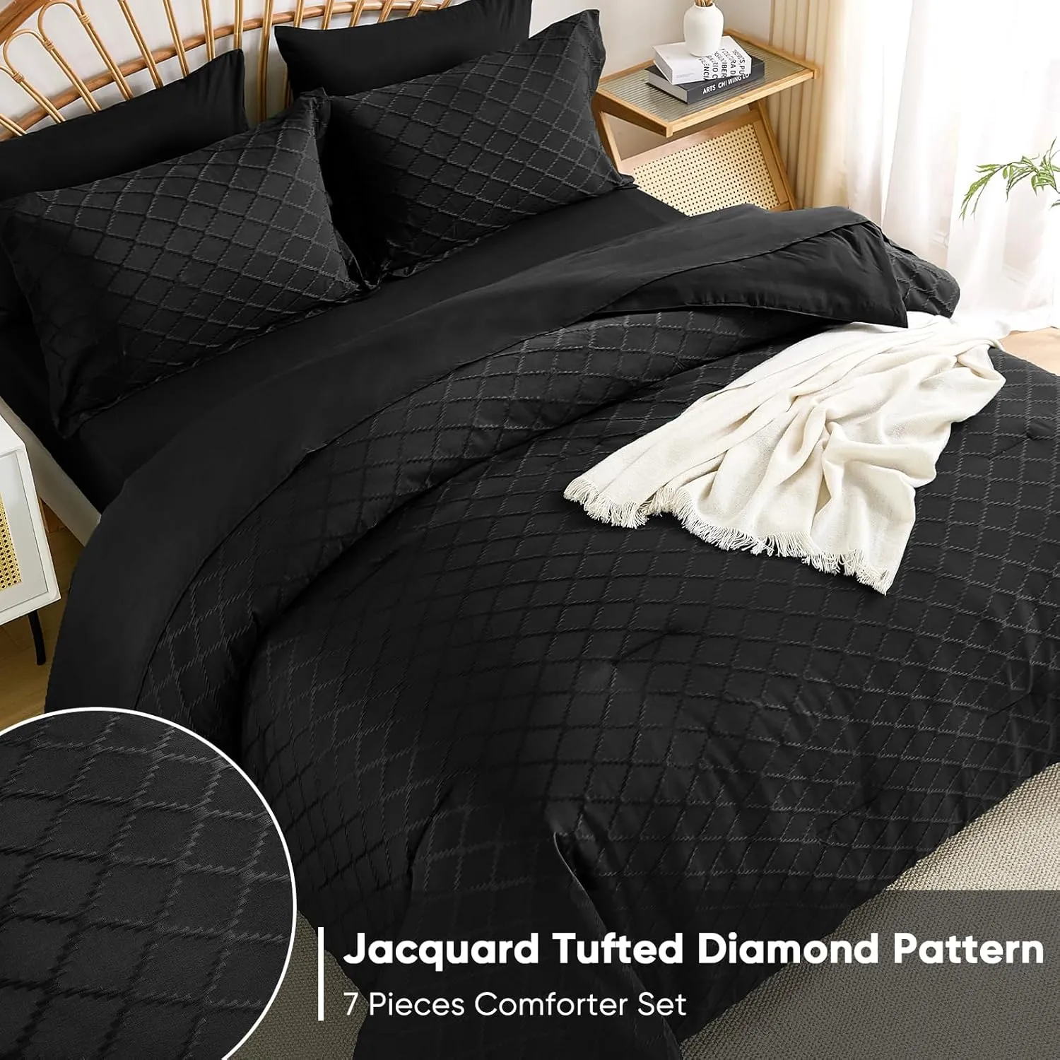 Yiran Black Comforter Set King Size, Jacquard Tufted 7 Piece Bed in a Bag, Textured Spring Summer Soft Microfiber Chic Complete Bedding Set with Sheets for All Season