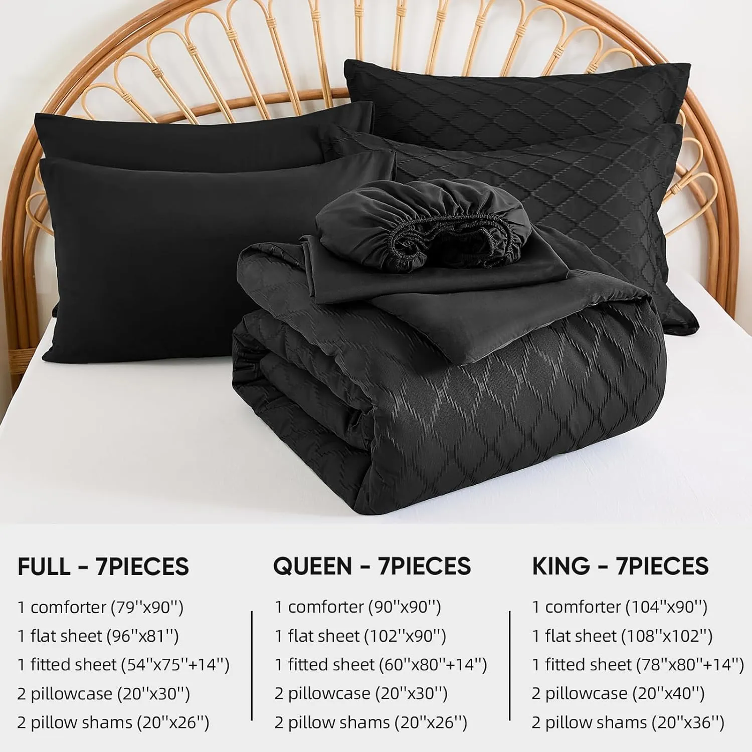 Yiran Black Comforter Set King Size, Jacquard Tufted 7 Piece Bed in a Bag, Textured Spring Summer Soft Microfiber Chic Complete Bedding Set with Sheets for All Season