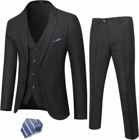 YND Men's Slim Fit 2 Button 3 Piece Suit Set, Solid Blazer Jacket Vest Pants & Tie