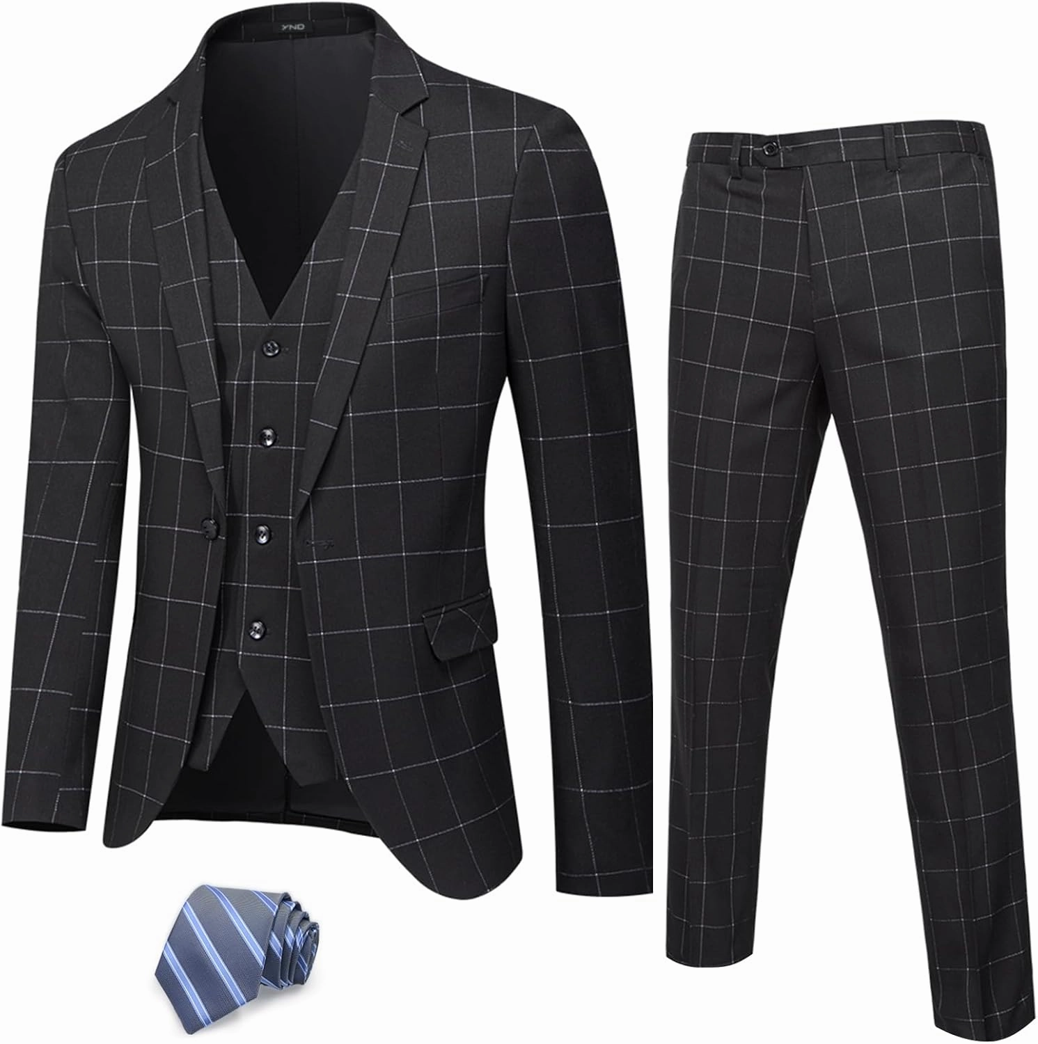 YND Men's Slim Fit 2 Button 3 Piece Suit Set, Solid Blazer Jacket Vest Pants & Tie