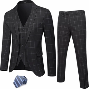 YND Men's Slim Fit 2 Button 3 Piece Suit Set, Solid Blazer Jacket Vest Pants & Tie
