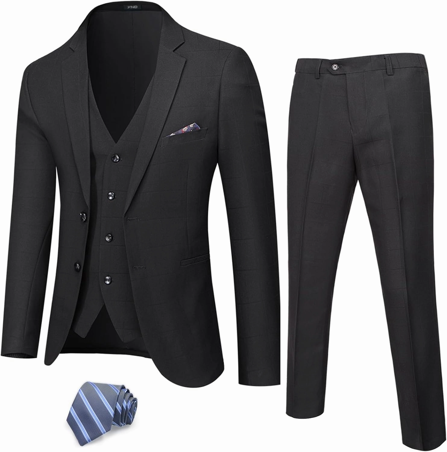 YND Men's Slim Fit 2 Button 3 Piece Suit Set, Solid Blazer Jacket Vest Pants & Tie