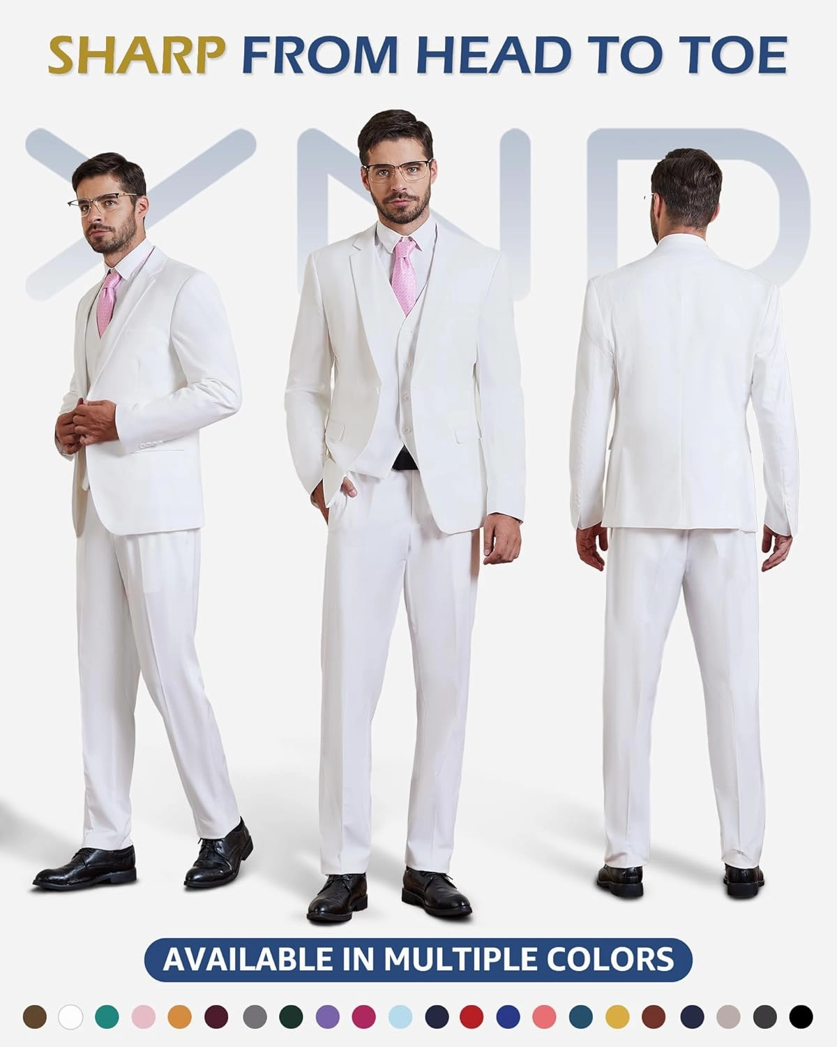 YND Men's Slim Fit 3 Piece Suit Set, One Button Solid Blazer Vest Pants with Tie