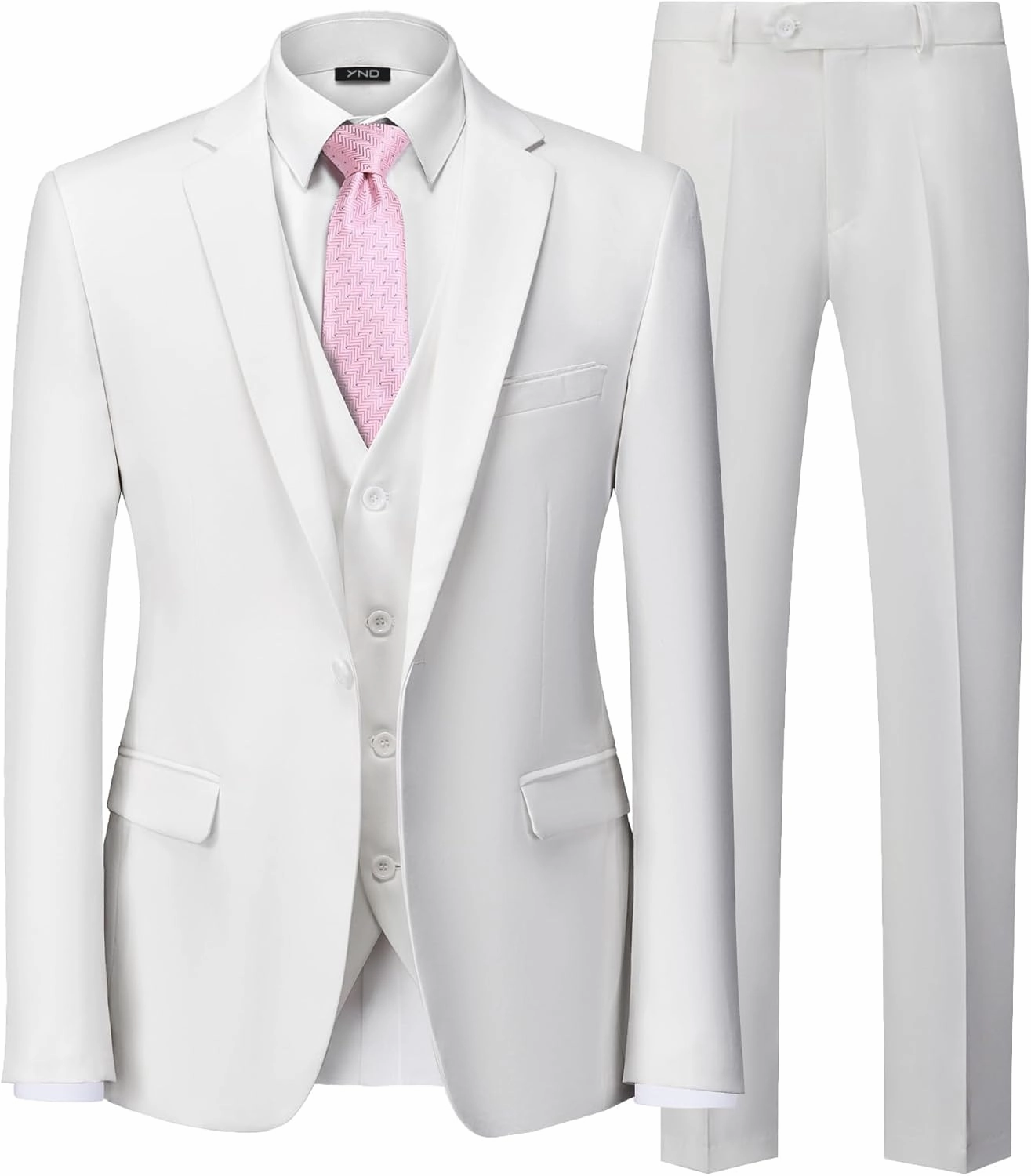 YND Men's Slim Fit 3 Piece Suit Set, One Button Solid Blazer Vest Pants with Tie