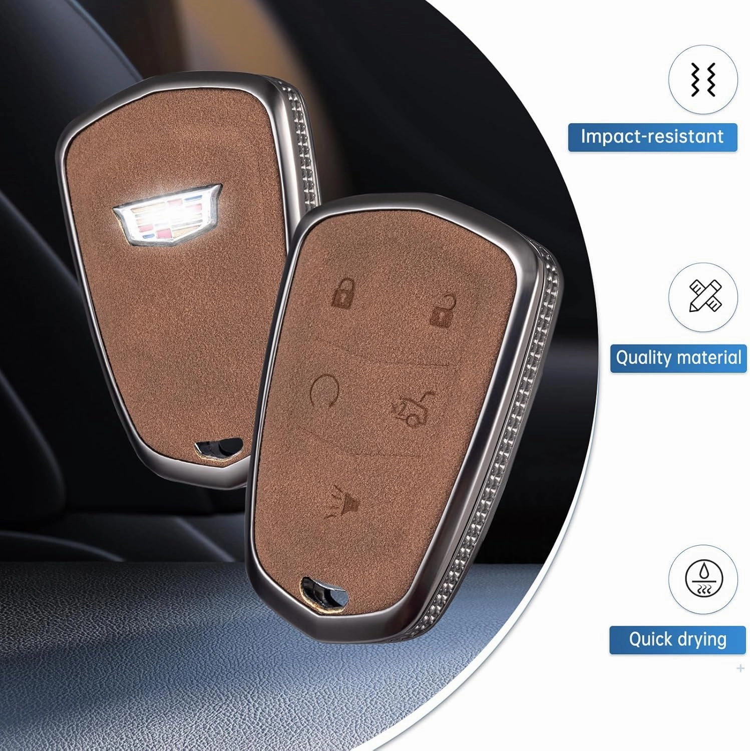 YO&YOYE Compatible with Cadillac Key Fob Cover with Keychain Leather Key Case Protector for Cadillac Escalade CTS SRX XT5 ATS STS CT6 (Model1, Brown)