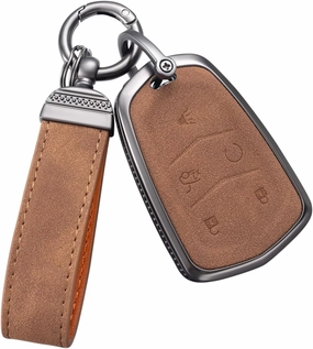 YO&YOYE Compatible with Cadillac Key Fob Cover with Keychain Leather Key Case Protector for Cadillac Escalade CTS SRX XT5 ATS STS CT6 (Model1, Brown)
